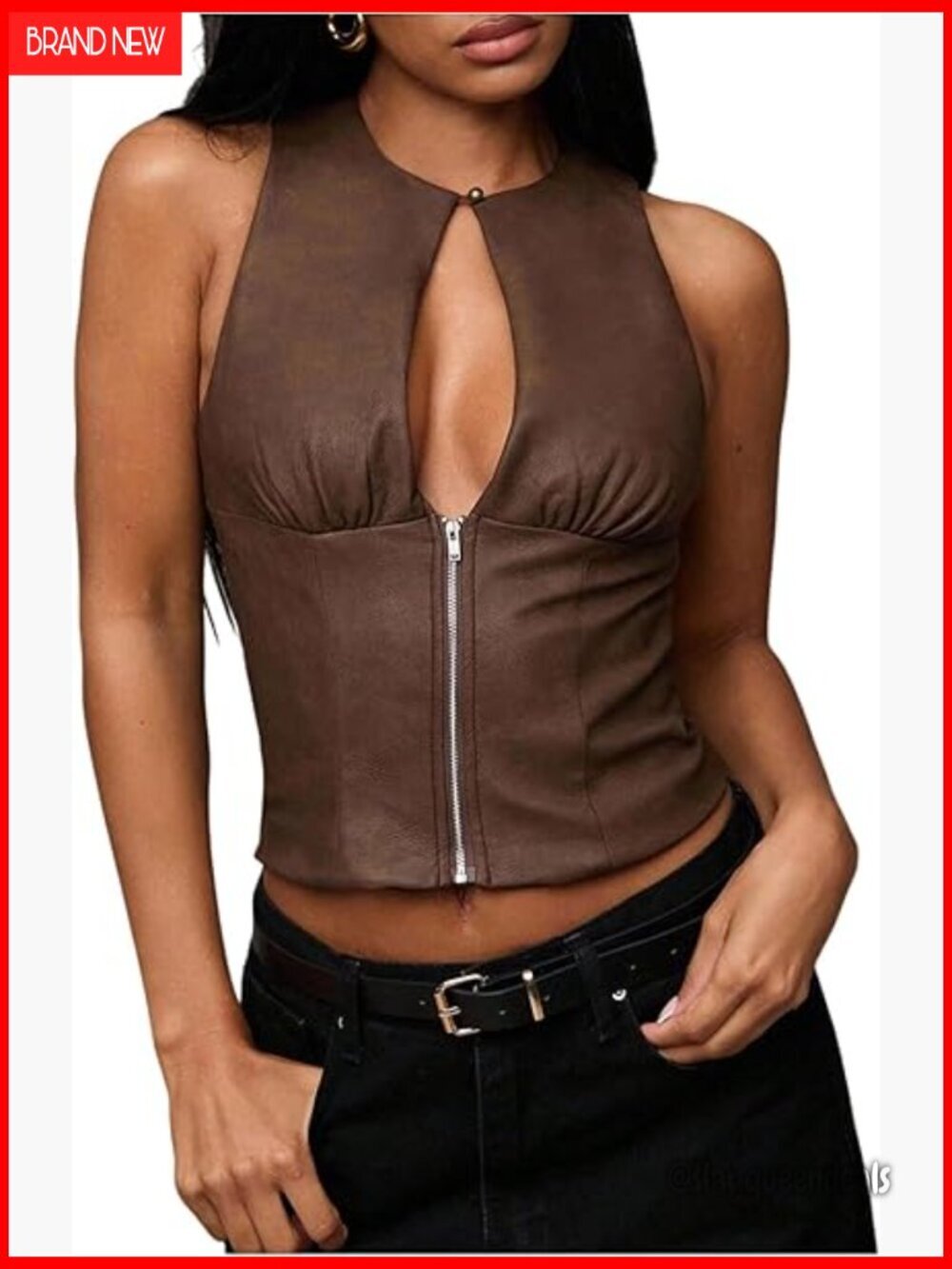 Faux Leather Cut Out Half Zip Crop Tank Top Sleeveless Going Out